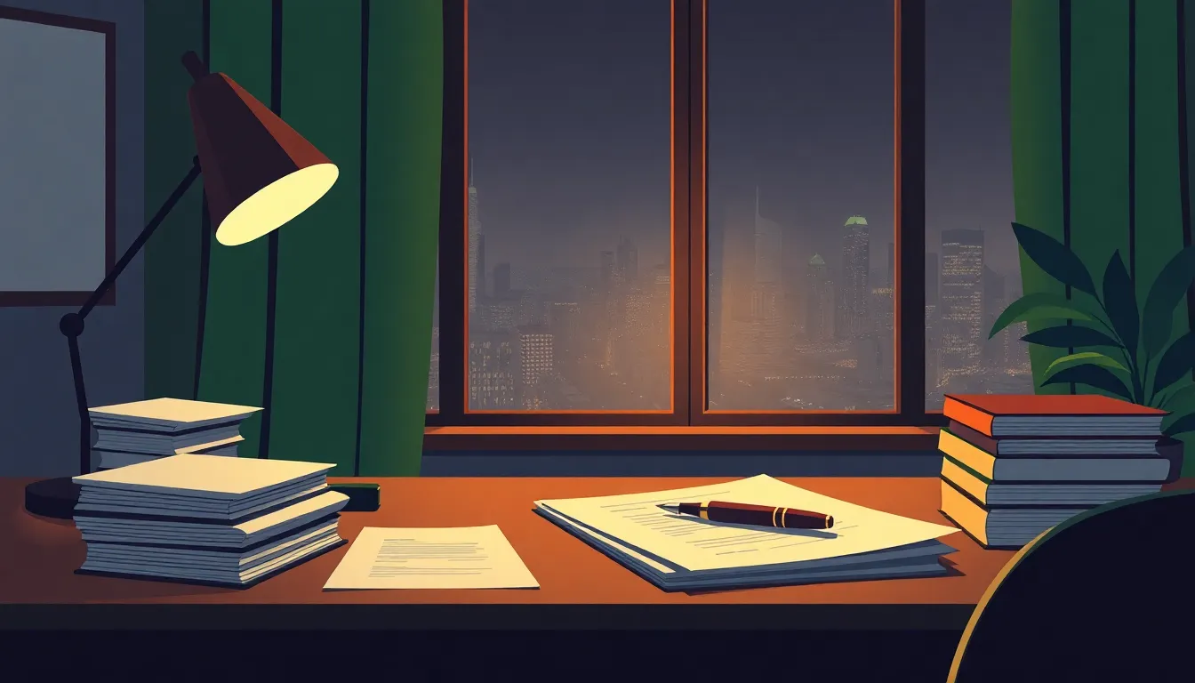 A calm accounting practice at rest after dark — tidy desk, neat document stacks, warm lamp glow, city window