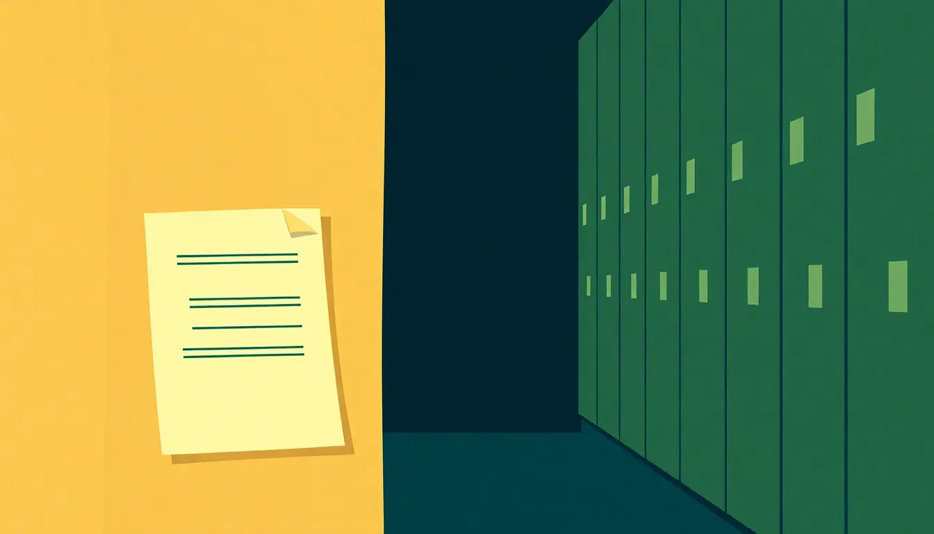 A document flowing into a glowing organized archive of linked, sealed nodes
