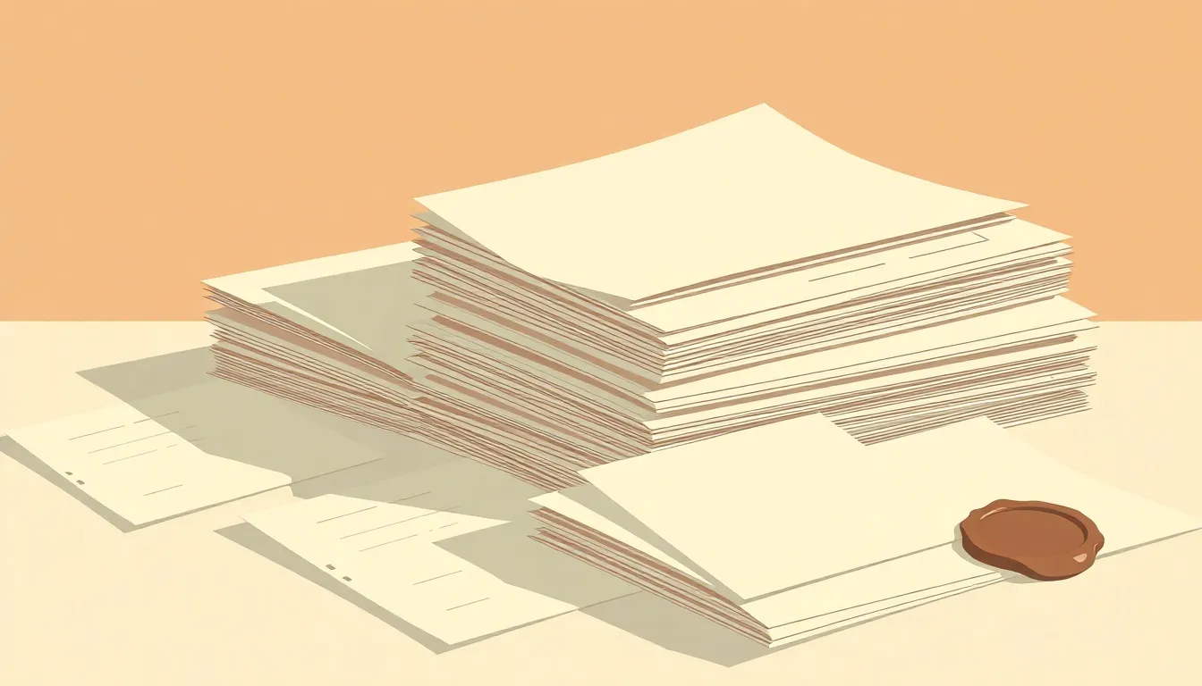 Organized working papers — ledger lines flowing into neatly ordered stacks with a wax-seal motif